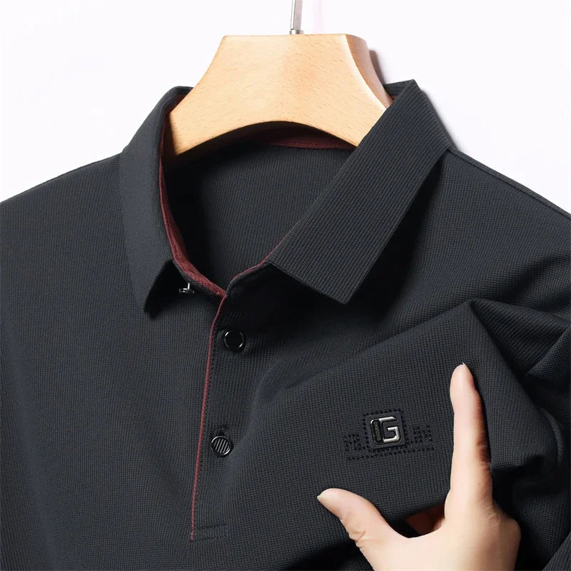 Men's Business Casual Short Sleeve Polo Shirt - Solid Color Breathable Badge Polo Top