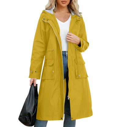 Women’s Hooded Trench Coat - Long Sleeve Solid Color Windbreaker with Elegant British Style