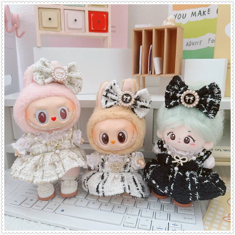 Labubu Doll Accessories — 17cm Luxury Woolen Shawl Suit & Skirt Set with Messenger Bag & Loafers