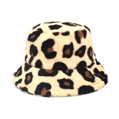 Women’s Winter Bucket Hat – Fashion Leopard Panama, Warm Vintage Faux Fur Fisherman Cap