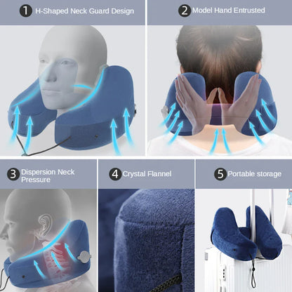 H-Shaped Inflatable Travel Pillow with Hood - Foldable, Lightweight Neck Support for Car Seats, Chairs, Office, and Airplane Comfor