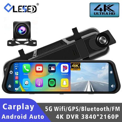 10" 4K Dash Cam Car DVR – 3840x2160P, CarPlay, Android Auto, GPS, 5G WiFi, AUX, Rearview Mirror Dash Camera, FM Recorder