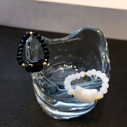 Cat Shape Bead Rings - Minimalist Black & White Finger Toy Rings for Men & Women Party Jewelry Accessories