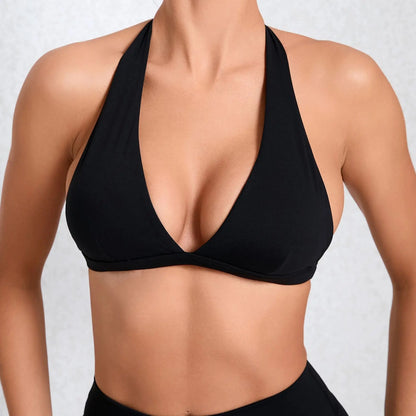 WANAYOU Women’s Deep V Yoga Bra — Halter Sports Crop Top | Padded Open-Back Gym & Fitness Workout Top