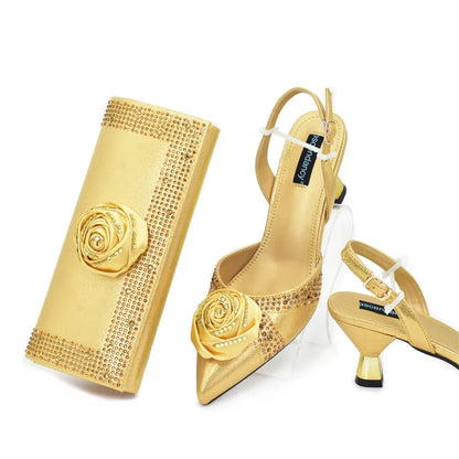 Women's Rhinestone Shoe & Bag Set - Nigerian Party Pumps with Handmade Flower Matching Bag