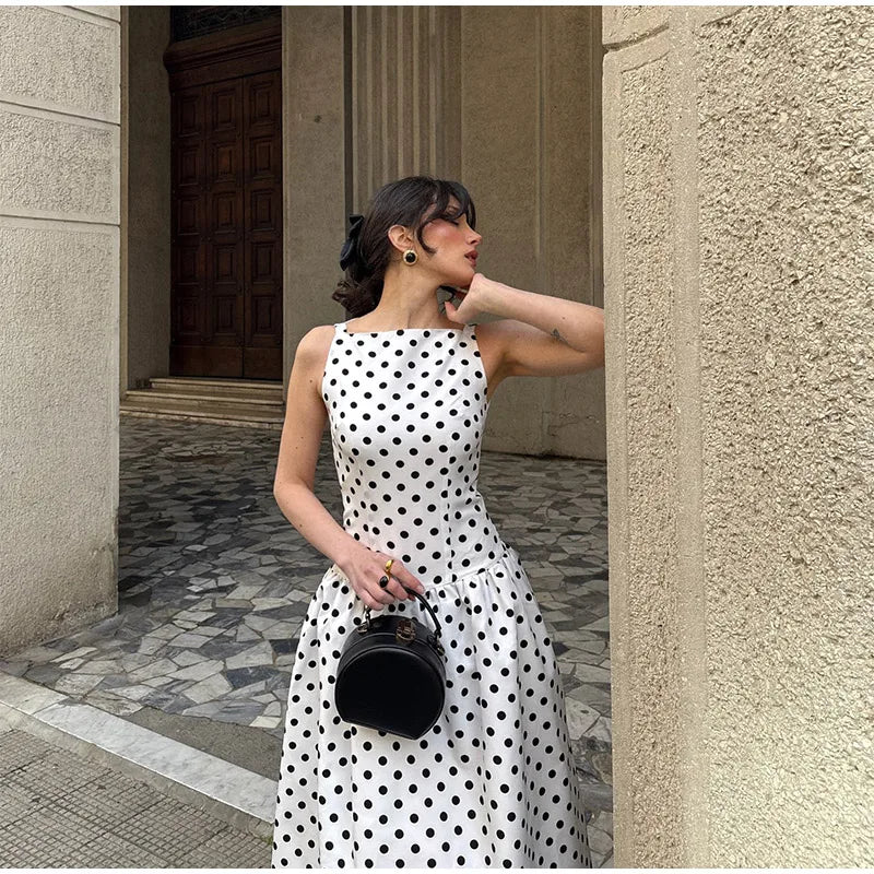 Elegant Women’s Polka Dot Maxi Dress – Chic Sleeveless Round Neck High Waist Slim Fit Vestido for Party & Street, 2025 New