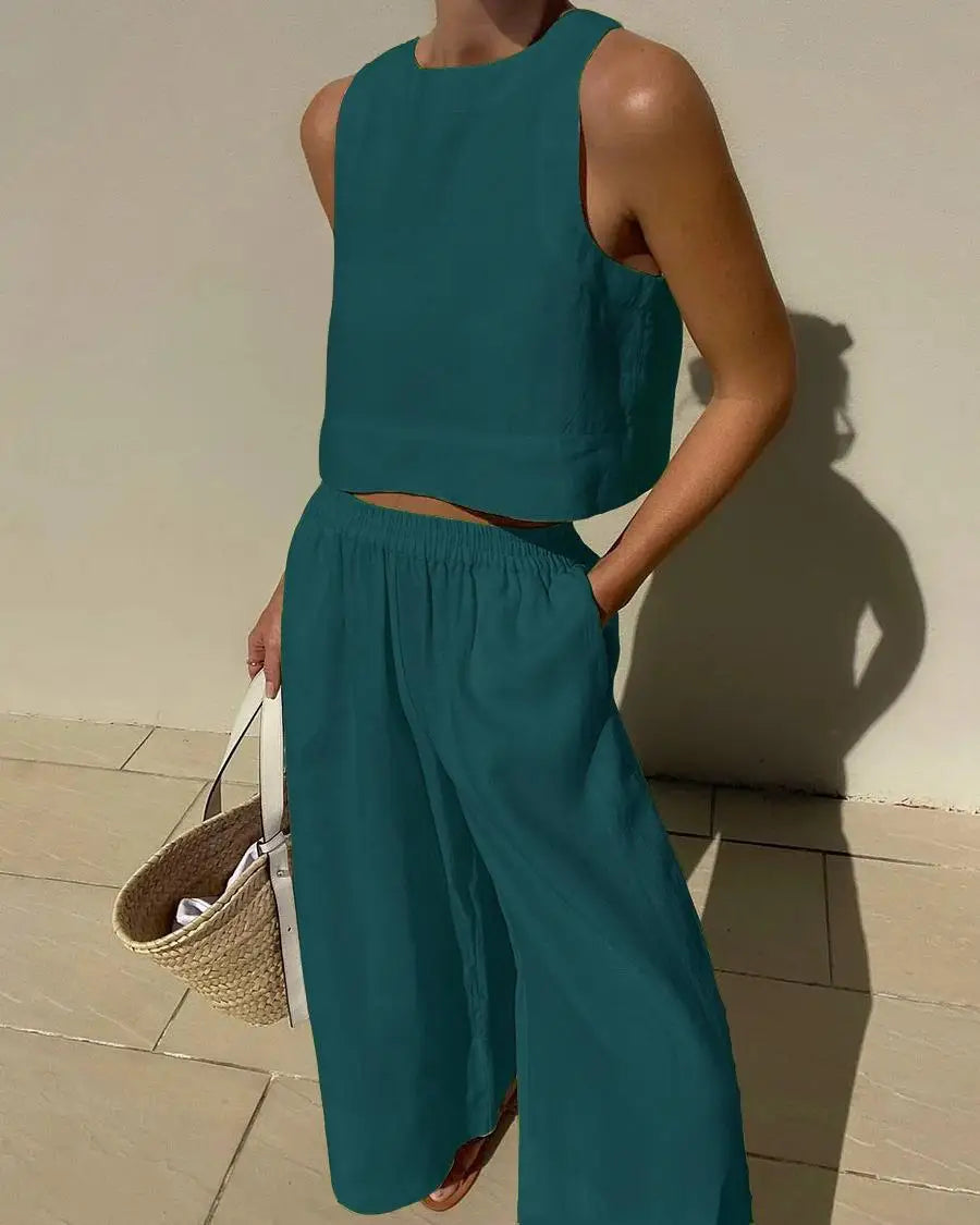 Women Cotton Linen 2-Piece Set – Sleeveless Lace-Up Top & Drawstring Long Pants Summer Commuting Outfit 2023 Fashion
