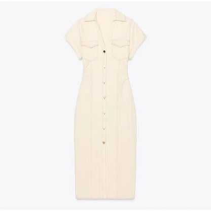 Women’s Chic White Denim Dress – Casual Lapel Long Slim Maxi, Single-Breasted Short Sleeve Summer Dress