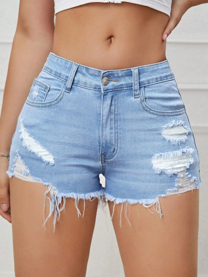 Women’s Ripped Raw Denim Shorts – A-Line Hem Blue Hot Pants Summer Streetwear Skinny Retro Casual