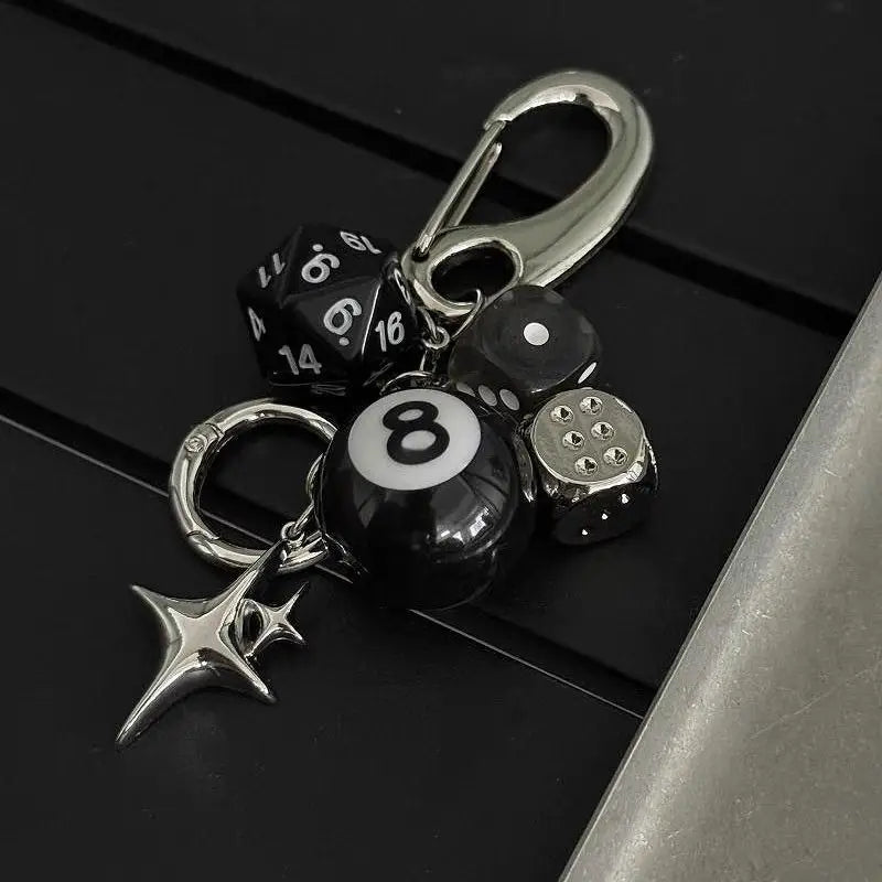 Hip-Hop Black Dice Keychain – Y2K Pink Lucky Dice & Starburst Pendant Bag Charm Punk Accessory