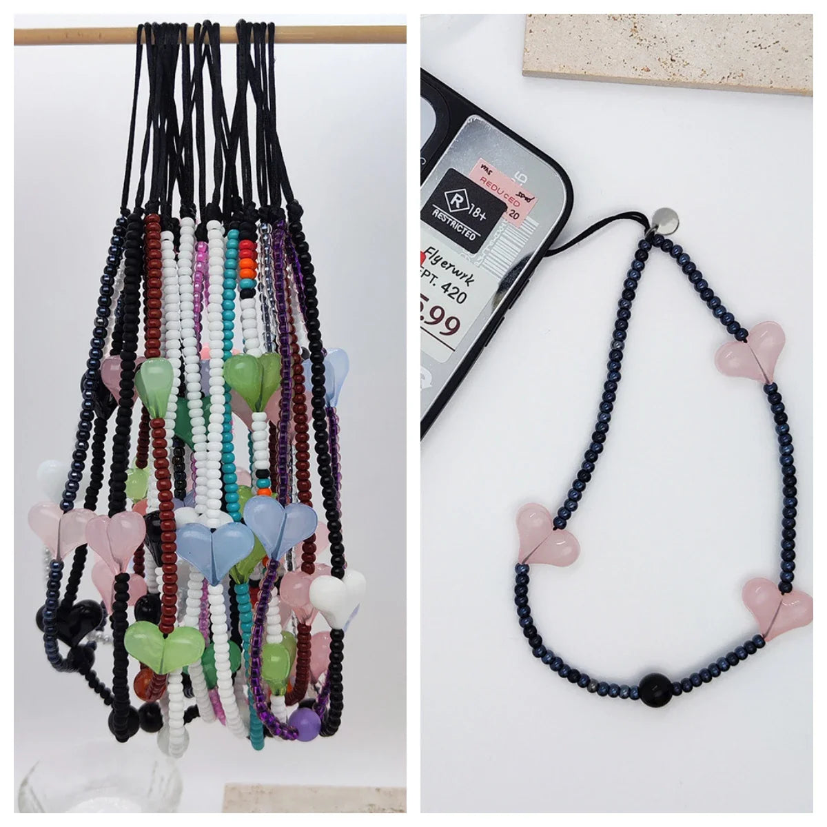 KPOP Black Matte Bead Phone Charm with Pink Heart – Style Phone Strap Lanyard Jewelry Accessory