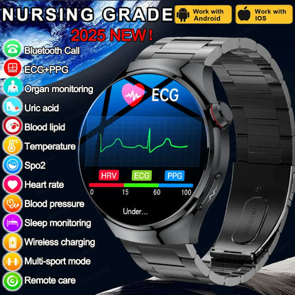 2025 Nursing-Grade Smartwatch — Blood Oxygen, Lipid, Uric Acid, ECG+PPG, Body Temperature & Bluetooth Call Health Tracker
