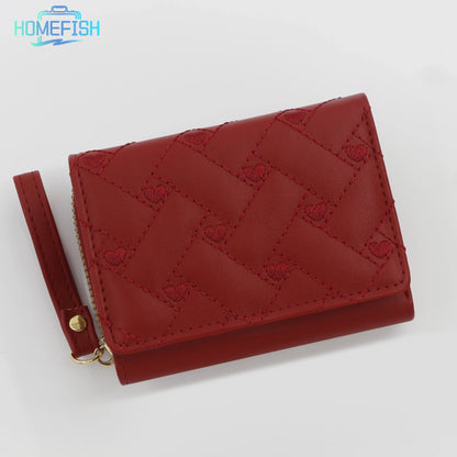 Women’s Mini Wallet - Embroidered Love Pattern Zipper Card Holder with Large Capacity