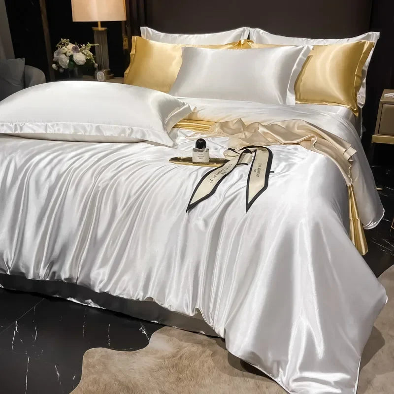 Solid Silk Bedding Set - Luxury Duvet Cover Bed Sheet Pillowcase Set For King Single Double Couple Beds