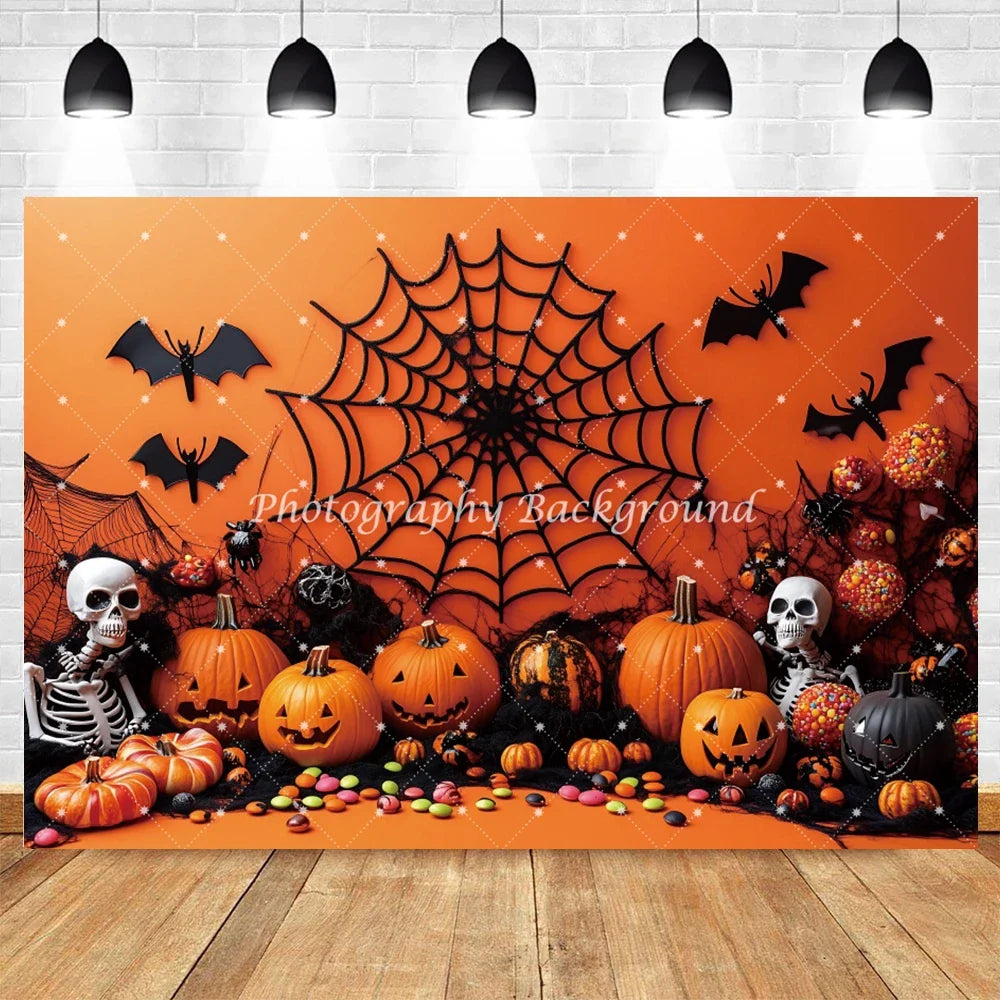 Halloween Orange Pumpkin Skull Spider Web Bat Backdrop – Spooky Photo Background Decoration