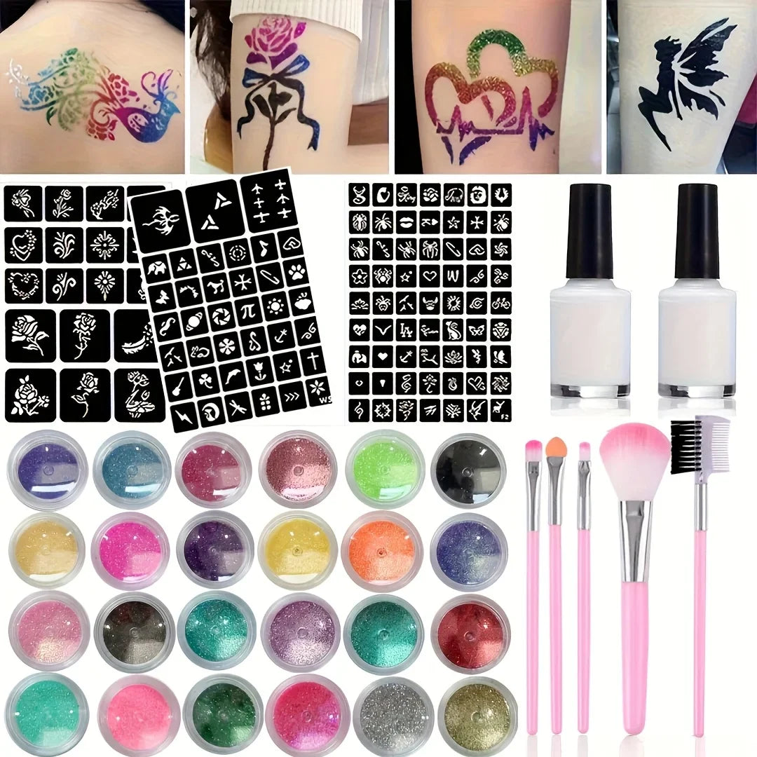 Colorful Glitter Wax Paper Brush Tattoo Kit – DIY Temporary Body Art with Vibrant Designs & Supplies