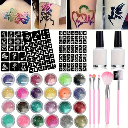 Colorful Glitter Wax Paper Brush Tattoo Kit – DIY Temporary Body Art with Vibrant Designs & Supplies