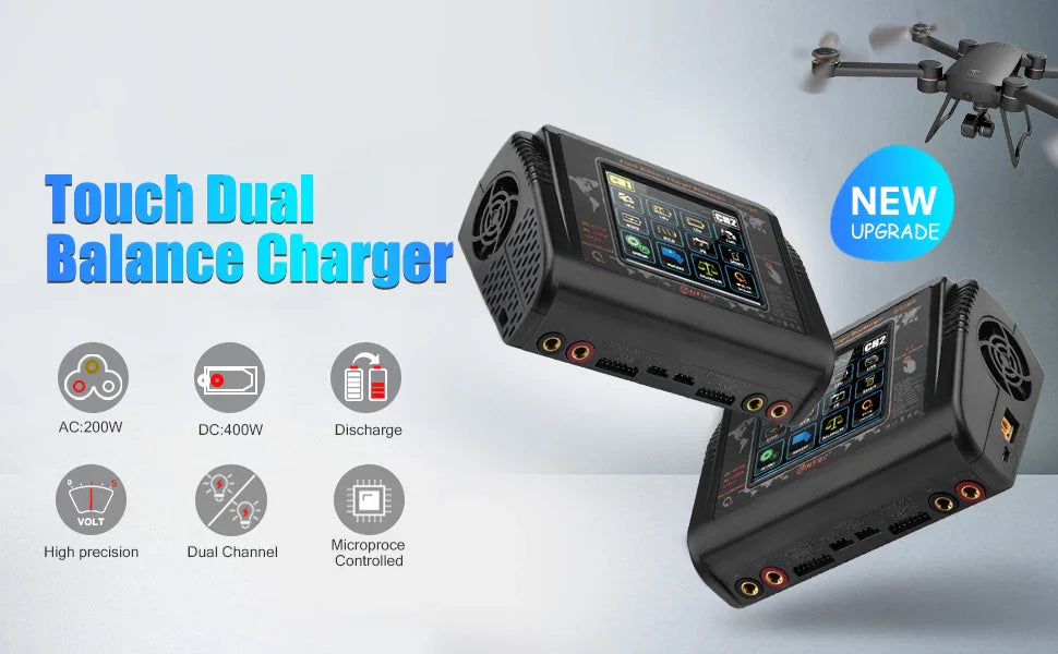 HTRC Smart Battery Charger DC 400W / AC 200W — 12A×2 Balance Charger & Discharger for LiHV, LiFe, Li-Ion, NiCd, NiMH, Pb, LiPo RC Batteries