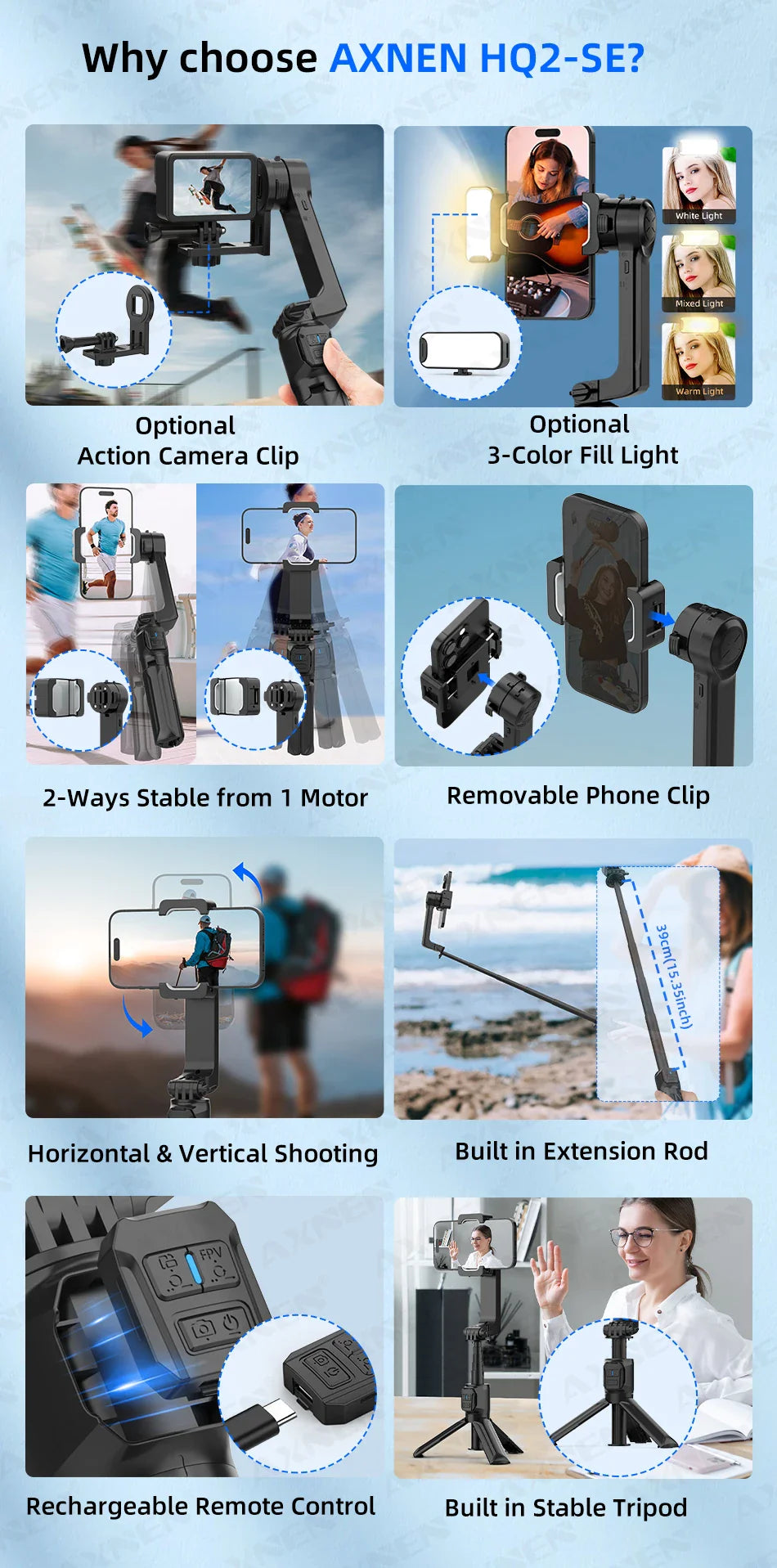 AXNEN HQ2 Series Handheld Mobile Phone Stabilizer – Smartphone Gimbal & GoPro Extension Rod Selfie Stick Tripod