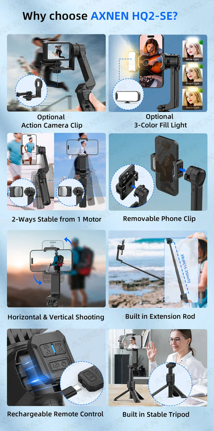 AXNEN HQ2 Series Handheld Mobile Phone Stabilizer – Smartphone Gimbal & GoPro Extension Rod Selfie Stick Tripod