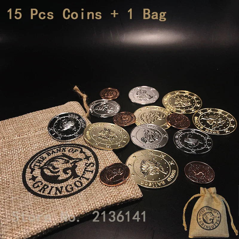 16 Pcs/set HP Bank Coins – 15 Coins & 1 Bag, Cosplay Wizard School Prop