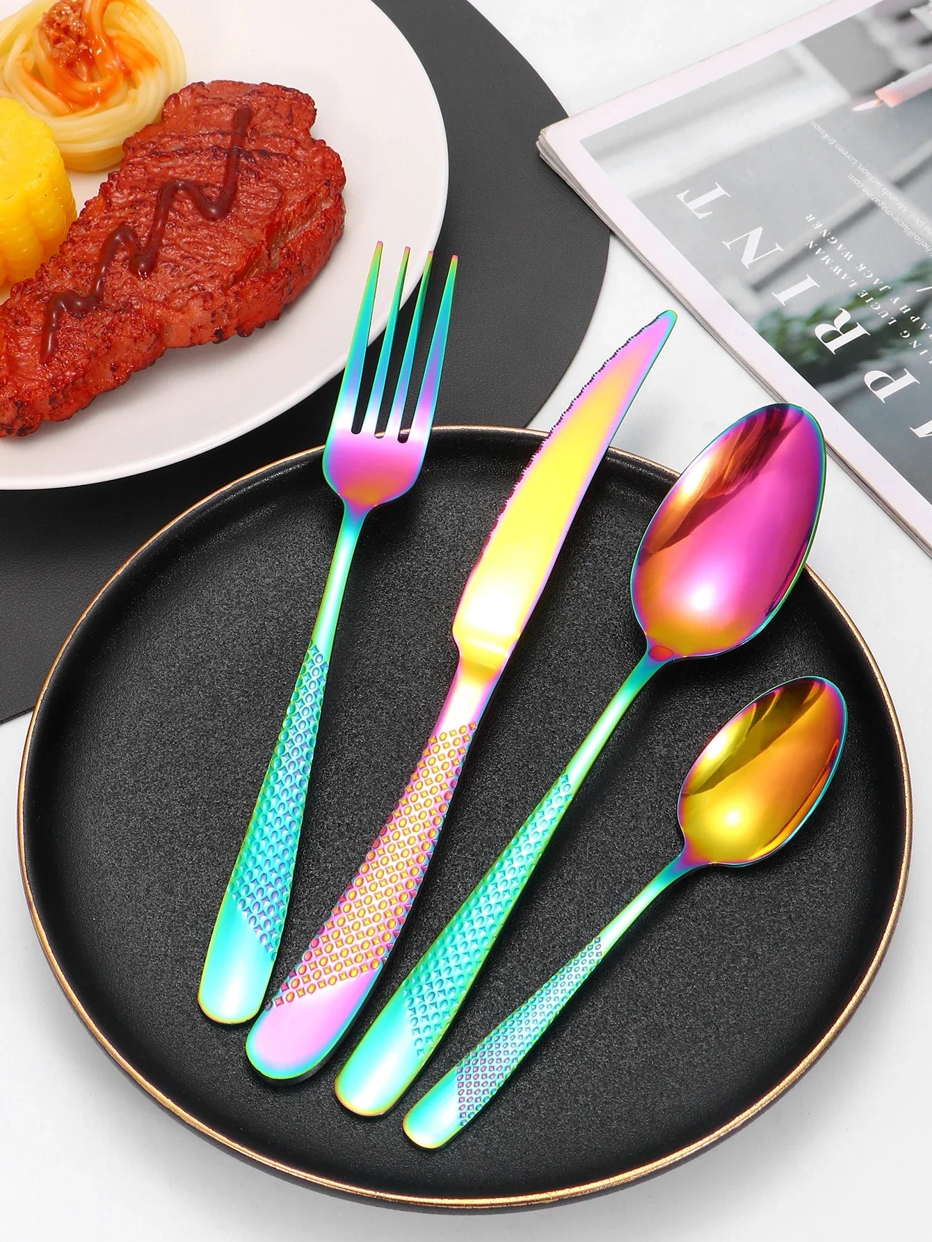 24-Piece Stainless Steel Tableware Set – Star Design Steak Knives, Forks, Dessert Forks, and Spoons for Family Use