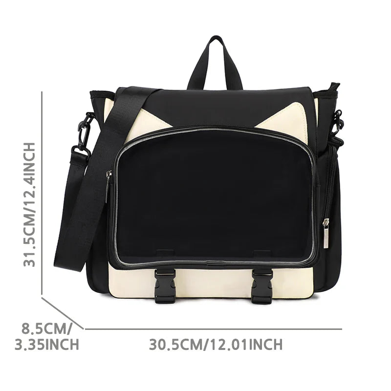 TINYAT Y2K Ita Bag — Waterproof Transparent School Backpack & Crossbody Bag for Girls with Cute Cat Ears