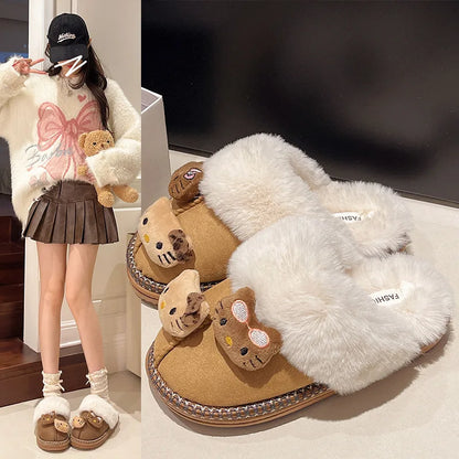 Sanrio Hello Kitty Winter Plush Slippers – Cute Fuzzy Warm Kawaii Women’s Home Shoes, Y2K Style, Non-Slip Outdoor Flats