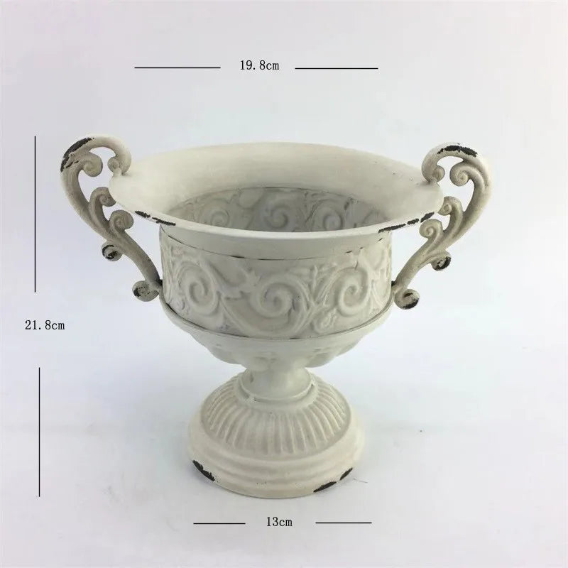 Old Goblet Antique Flower Vase – White Retro European Iron Table Arrangement Container with Handles