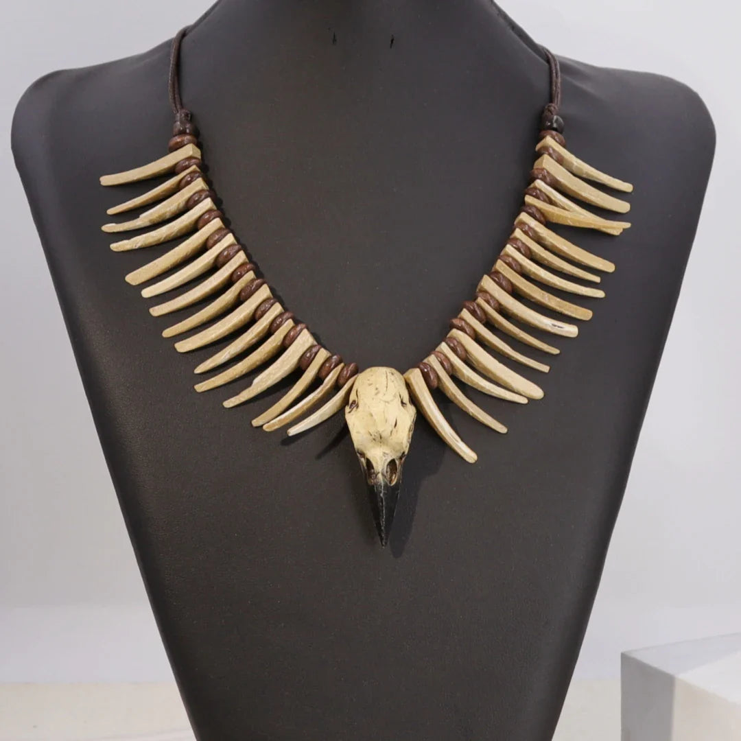 Vintage Viking Crow Skull Necklace – Gothic Resin Animal Pendant with Irregular Coconut Shell Teeth Jewelry