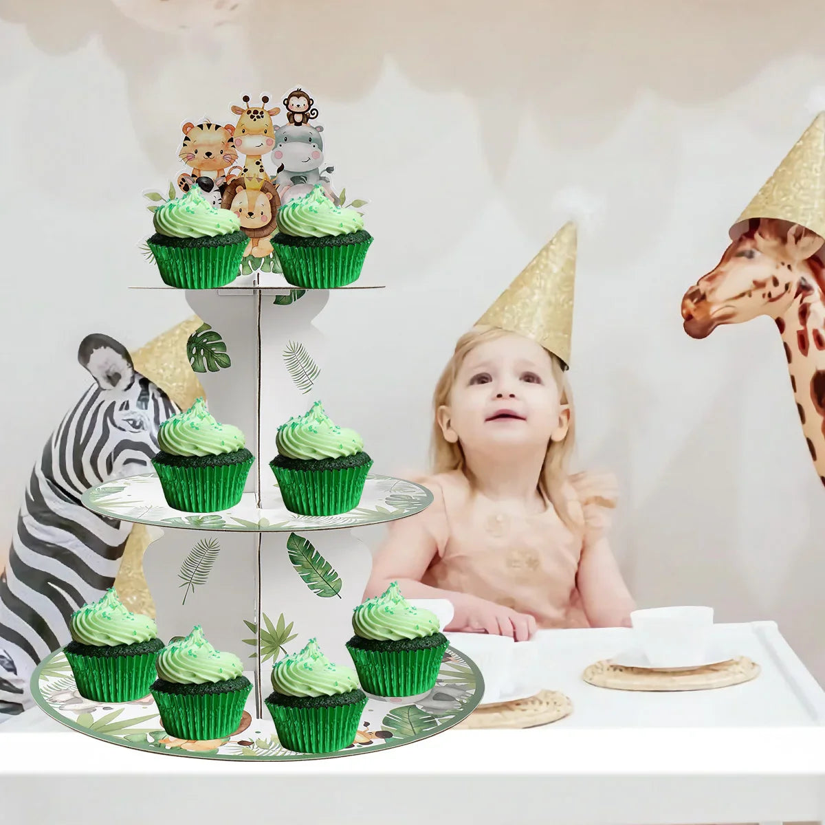 Jungle Animals Safari Cupcake Stand - Baby Shower & Birthday Party Decorations - Cupcake Holder for Kids Wild One Party Supplies