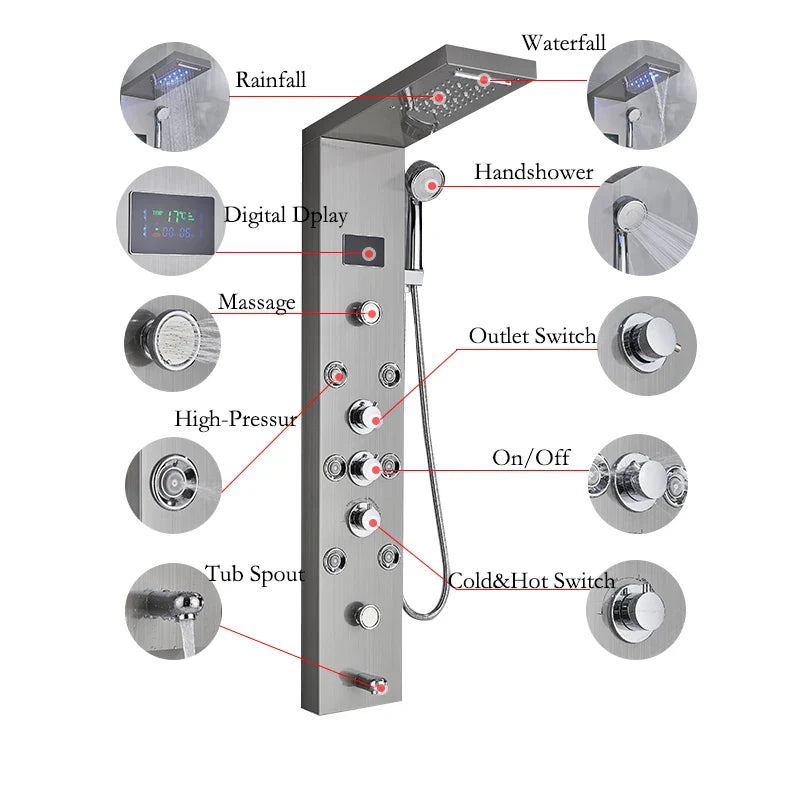 LED Light Bathroom Shower Faucet Set - Rainfall Shower Panel System with Temperature Display, Water Mixer Tap, and SPA Massage Feature