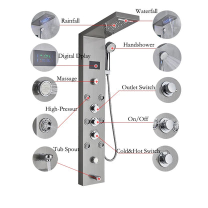 LED Light Bathroom Shower Faucet Set - Rainfall Shower Panel System with Temperature Display, Water Mixer Tap, and SPA Massage Feature