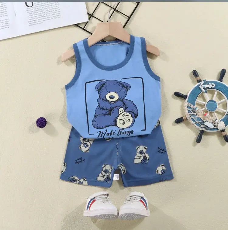 2PCS Kids Summer Vest Set – Cotton Sleeveless T-Shirt & Shorts for Boys & Girls Baby Clothes