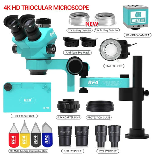 RF4 Trinocular Stereo Microscope Set – 360° Rotation Articulating Arm Stand, Phone Soldering & PCB Repair, Model RF7050TVPRO-F019