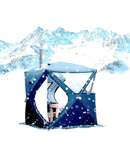 Outdoor 3-4 Person 4-Season Sauna House – Thickened Winter Ice Fishing Tent with Large Window & Chimney Mouth, Quick Open & Portable