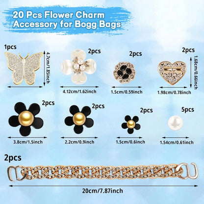 20PCS Beach Bag Charms Set – Pearl, Butterfly & Flower Decorative Accessories for Bo Bag, Stylish Compatible Clip-On Bag Charms