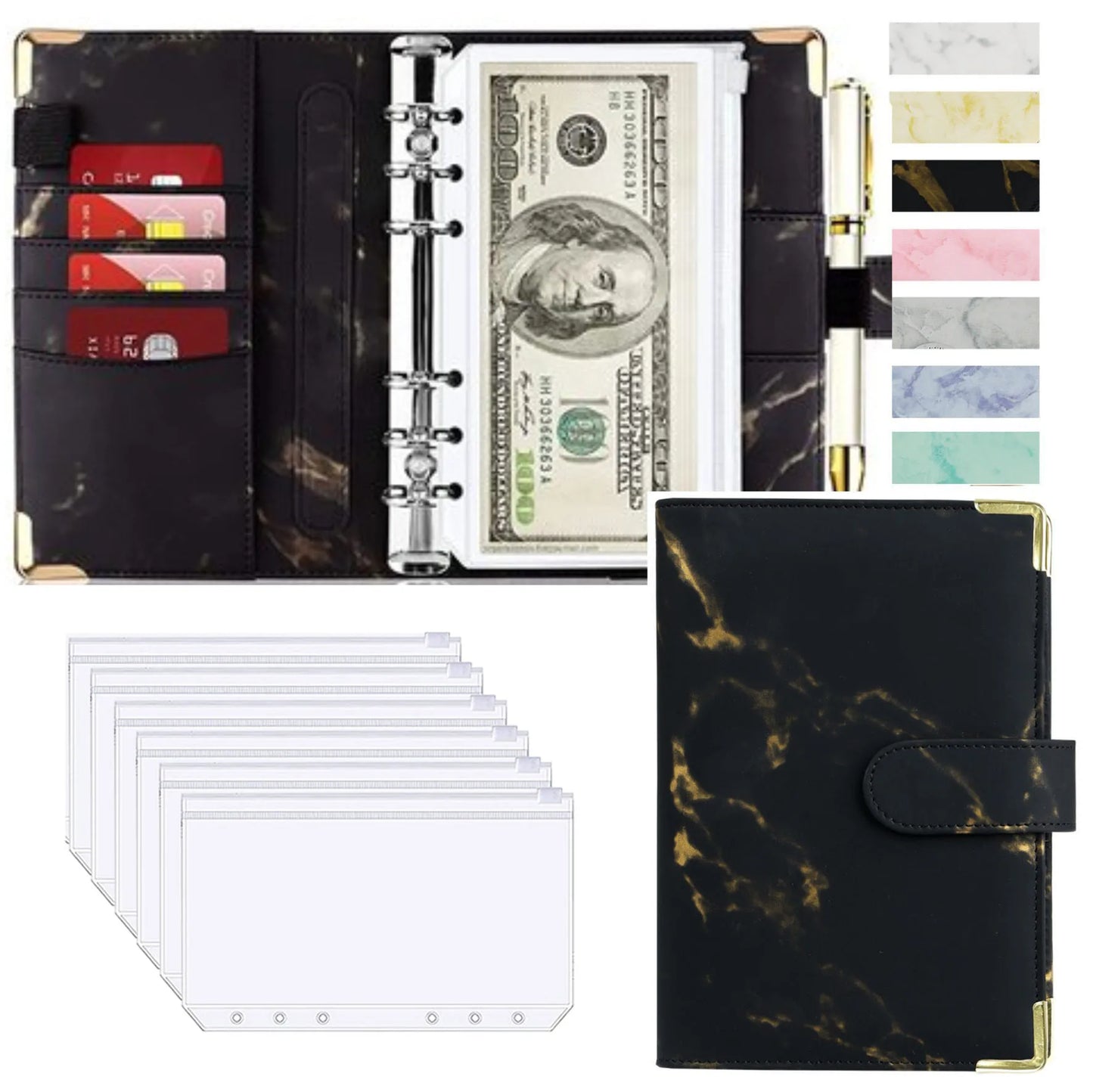 A6 Money Saving Organizer – PU Leather Budget Binder with Marble Notebook, 2023 Budget Planner, Envelope Office & School Supplies