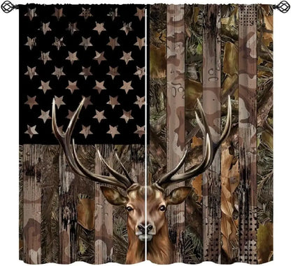 Flag Blackout Curtains – Rustic Green Camo Military USA Flag with Vintage Black Stripes and Thermal Insulation
