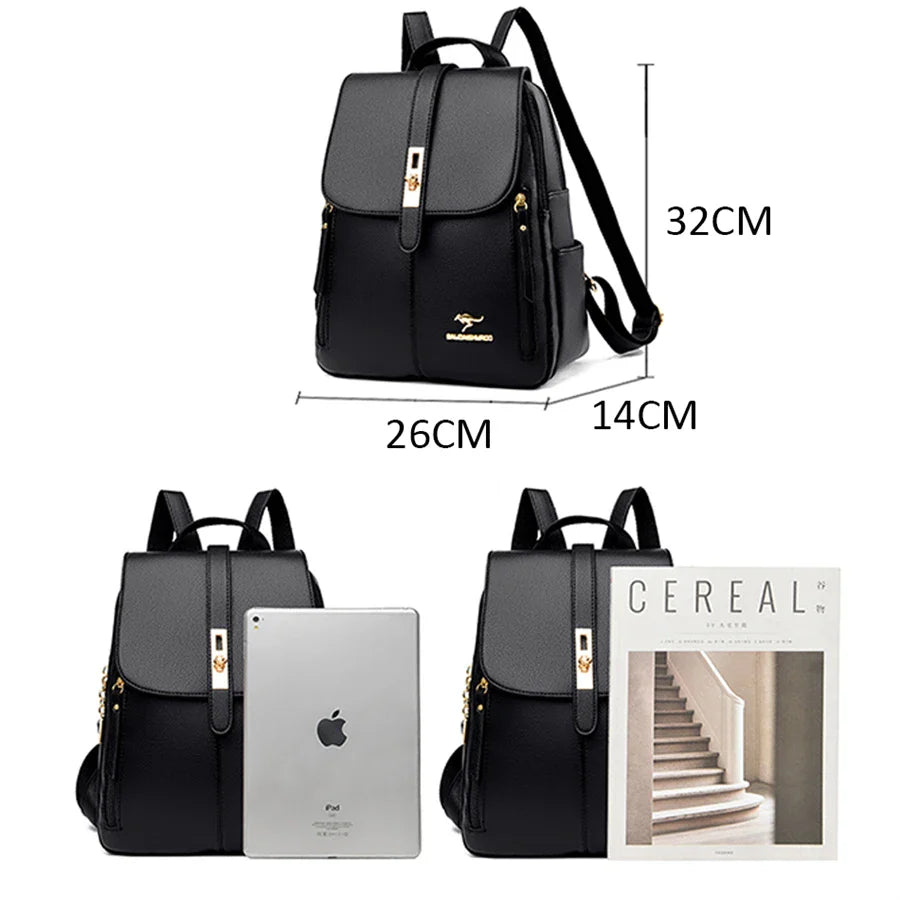 Luxury Leather Backpack for Women - Vintage Black Daypack, Casual School Bag for Girls, Mochila Rucksack Style