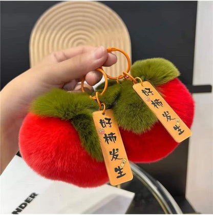 2024 Real Rabbit Fur Mini Persimmon Keychain – Cute Plush Rex Fur Pendant for Bags, Cars, and Gifts