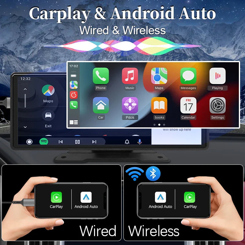 10.26" Car Mirror Radio Multimedia Player – Wireless CarPlay & Android Auto, Bluetooth, AUX, USB Screen