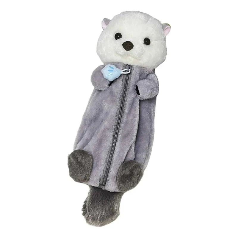Cartoon Plush Sea Otter Pencil Case – Soft Pen Pouch & Makeup Bag, Portable School Supplies Holder