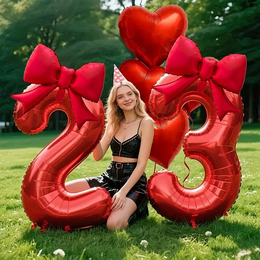 Red Heart Foil Balloons Set - 6PCS Birthday Wedding Anniversary Decoration with 32 Inch Numbers & Tassel Bows
