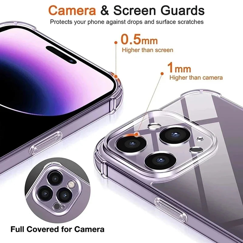 Shockproof Clear Silicone Phone Case – Lens Protection Back Cover for iPhone 11, 12, 13, 14, 15, 16, 17 Pro, Pro Max, Mini, XS, XR