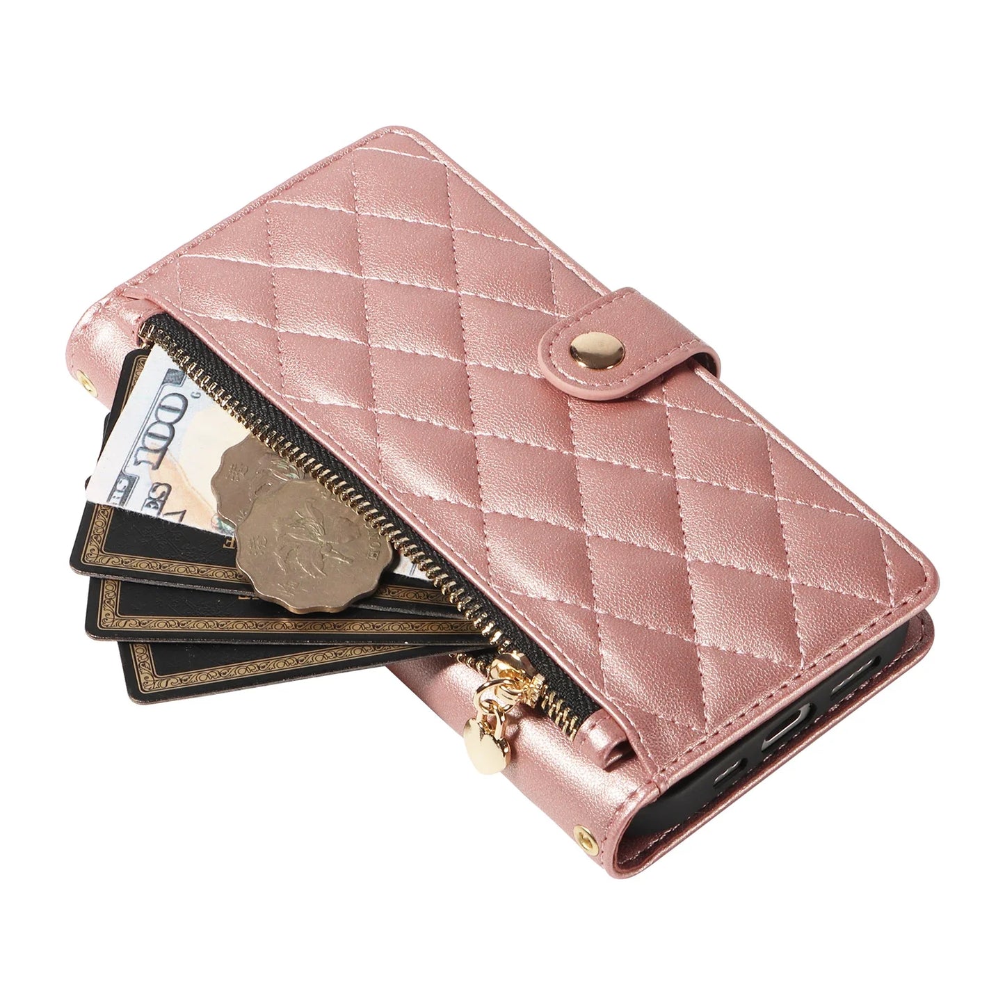 Crossbody Leather Wallet Case for iPhone – Zipper Card Slot Bag with Rhombus Design for iPhone 16/16 Pro Max/15/14/13/12/11/SE 2022