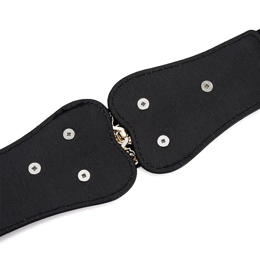 Women’s Wide Waist Belt – Gold Leaf Elastic with Double Hook Buckle, Fashionable Skirt Accessory