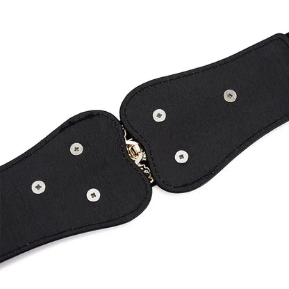 Women’s Wide Waist Belt – Gold Leaf Elastic with Double Hook Buckle, Fashionable Skirt Accessory