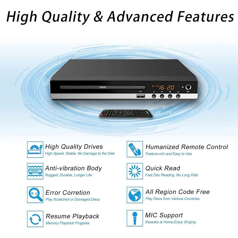 1080P HD DVD Player – All Region Free Home DVD Player with AV Output & Built-in MIC Port