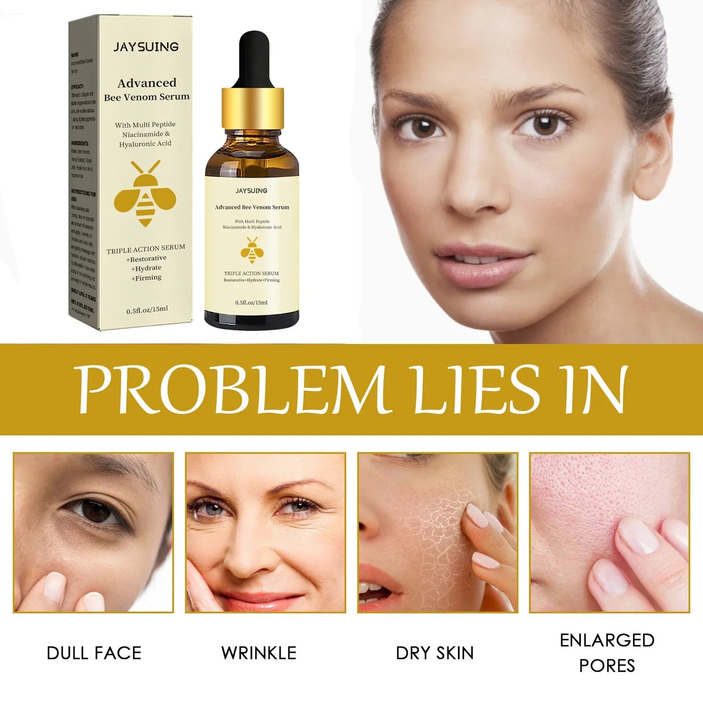 Bee Venom Anti-Aging Essence — Wrinkle Repair, Moisturizing & Firming Polypeptide Hyaluronic Acid Facial Serum